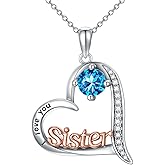 HPQQ Sister Gifts from Sisters Birthstone Necklace 925 Sterling Silver Heart Sister Jewelry Valentines Day Birthday Gifts for Women Best Friend