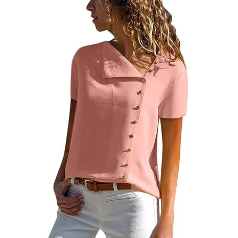 CixNy Frauen beiläufige lose Tunika Tops Kurzarm T Shirt Blusen Weste Damen Vest Sommer Freizeit Lapel Neck T-Shirt Ladies Sh