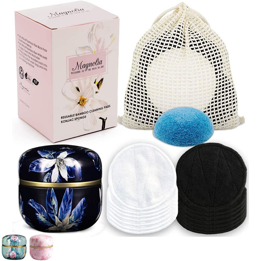Magnolia Reusable Makeup Remover Pads Gift Set | Eco Friendly Cotton Pads; 12 Pack Washable Bamboo Makeup Remover, Natural Konjac Sponge and Soft Pad With Metal Box and Laundry Bag