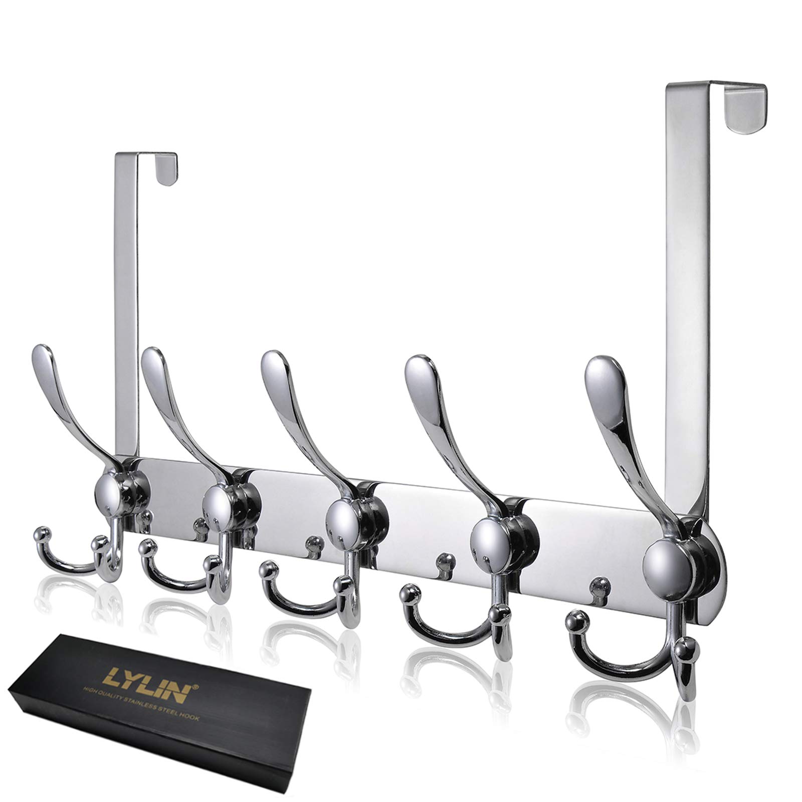 Over The Door Hook Hanger, LYLIN Hangers for Bathroom Glass Door, Stainless Steel Heavy Duty Hook for 2 cm Thickness Frame (Silver, 15 Hooks)