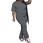 PINSV Womens Plus Size Sets 2 Piece Outfits Casual Short Sleeve Top and Flare Pants Tracksuit