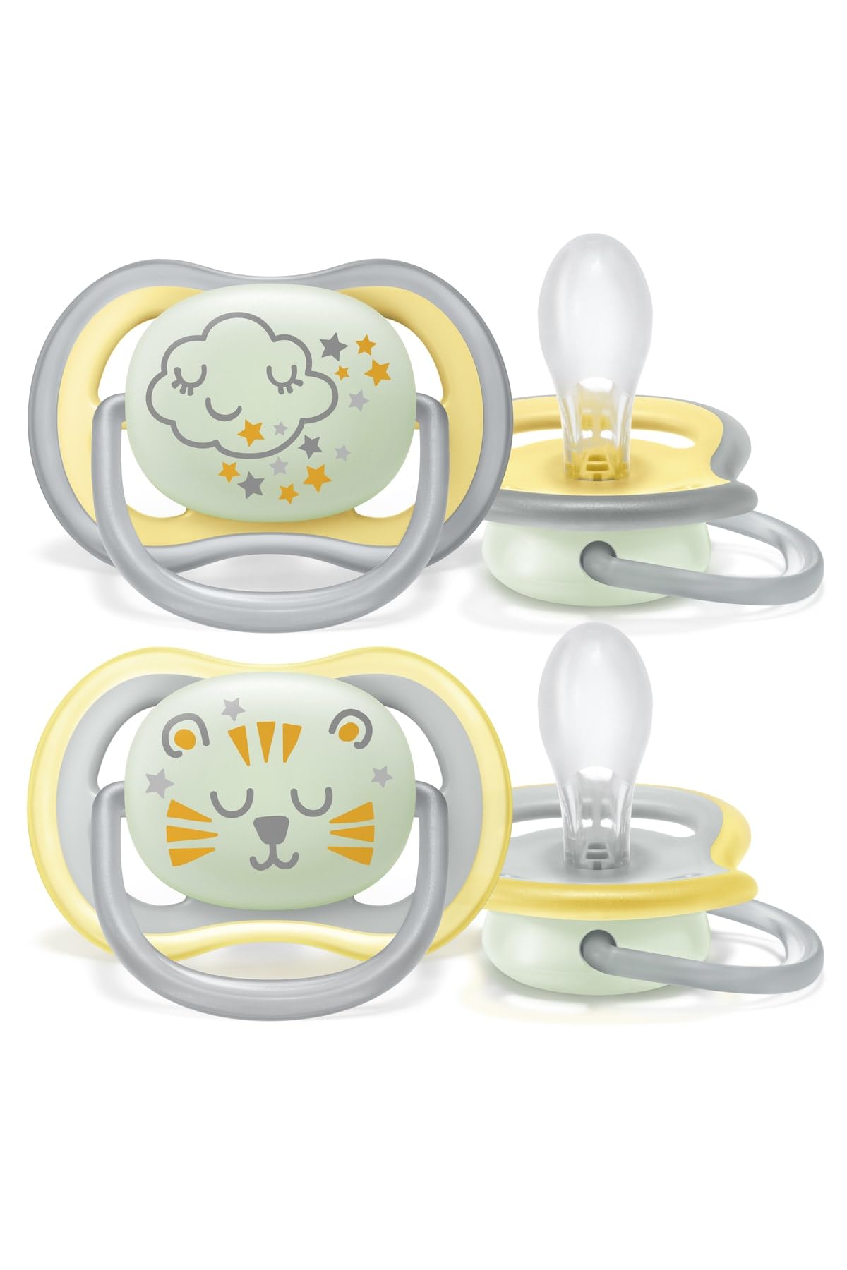 Philips Avent Ultra Air Nighttime Pacifier - Pack of 2, BPA Free Breathable Glow in the Dark Pacifier for Babies 18+ Months, Includes Transport and Sterilization Box, Cloud/Tiger