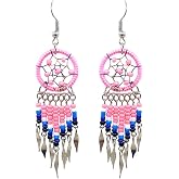 Solid Color Beaded Dreamcatcher Earrings for Women, Long Fringe Boho Dangle, Lightweight Handmade
