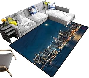 Urban, Area Rug Moon in Night Sky Manhattan Children Boys Girls Bedroom Rugs Multicolor & Anti-Skid, 5'x 8'