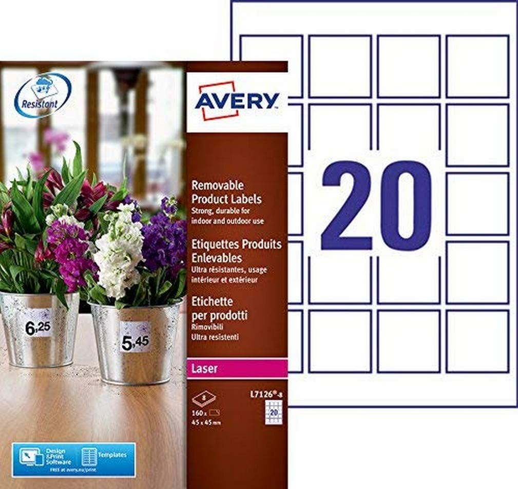 AVERY - Pack of 160 Heavy Duty Self-Adhesive and Removable Polyester Labels, Customisable and Printable, Size 45 x 45 mm, Laser Printing, (L7126-8)