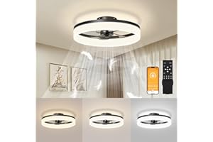 JOFIOS Ceiling Fans with Lights, 15.7in Black Flush Mount Fandelier Ceiling Fan with Light and Remote, 3000k-6000k Dimmable Modern Smart Bladeless Low Profile Ceiling Fan with Light for Bedroom