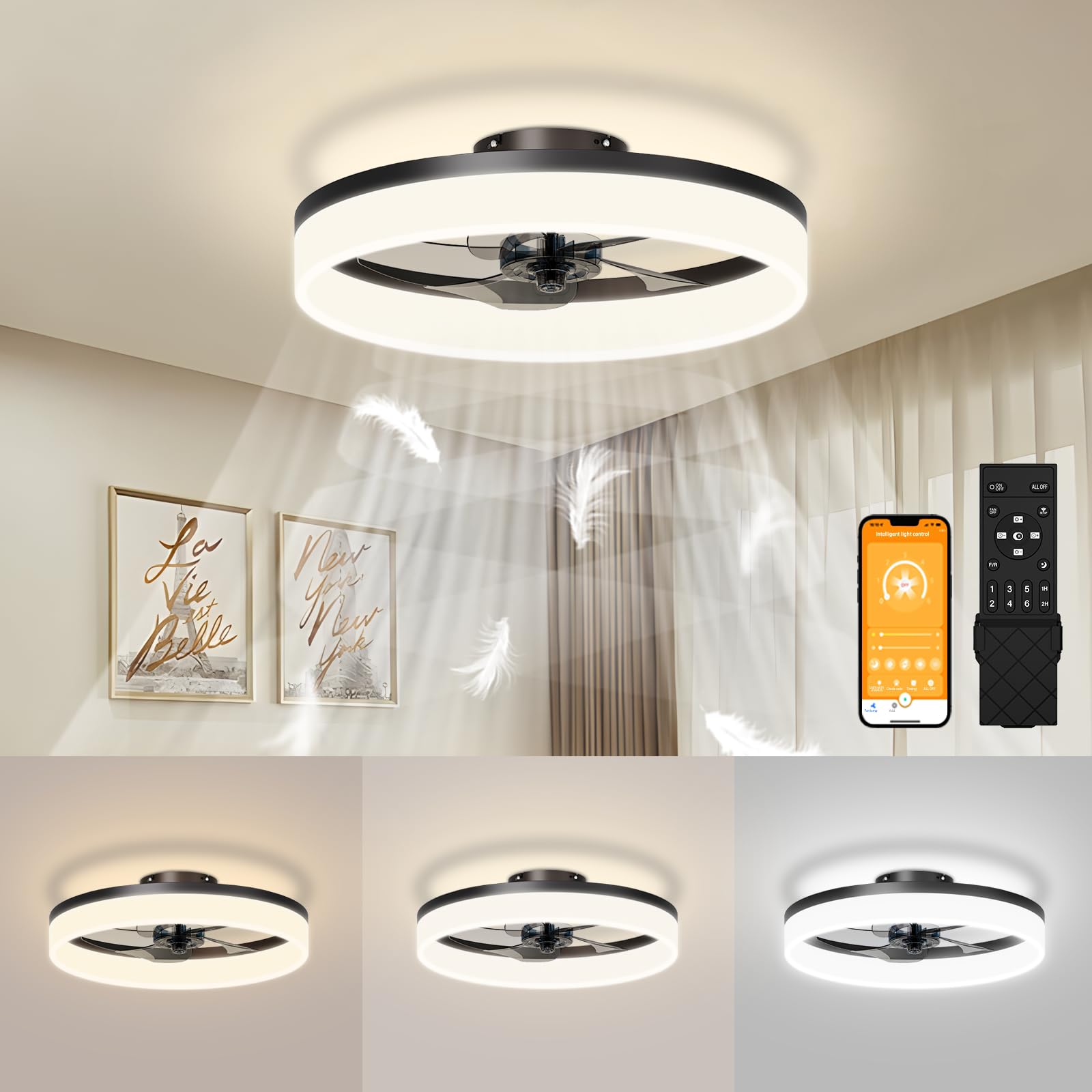 JOFIOS Ceiling Fans with Lights, 15.7in Black Flush