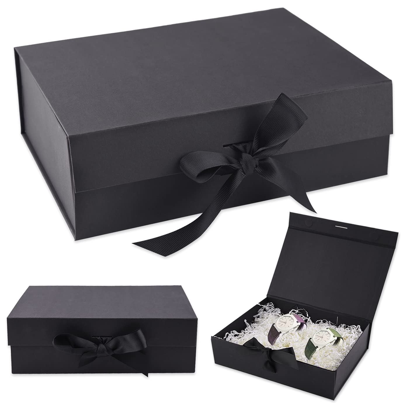 QUACOWW Luxury Premium Magnetic Gift Box with Ribbon Rectangle Gift Box with Lids for Present, Birthdays, Anniversary(Size26.7×19×8cm, Black)