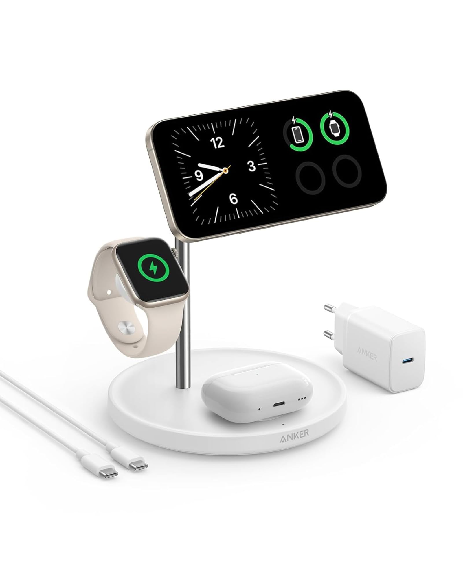 Anker MagGo 3-in-1 Kabellose Ladestation, 15W kabelloser Ladeständer, MagSafe-kompatibel, Qi2-zertifiziert, für iPhone 17/16/15/14 Serie, AirPods Pro, Apple Watch Ultra (Mit USB-C Netzteil und Kabel)