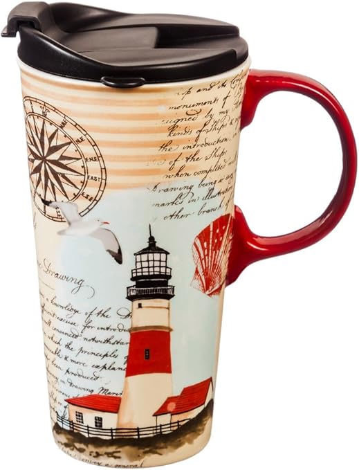 Amazon Com Cypress Home Ceramic Travel Mug With Gift Box 17 Ounces Northeast Lighthouse Kitchen Dining