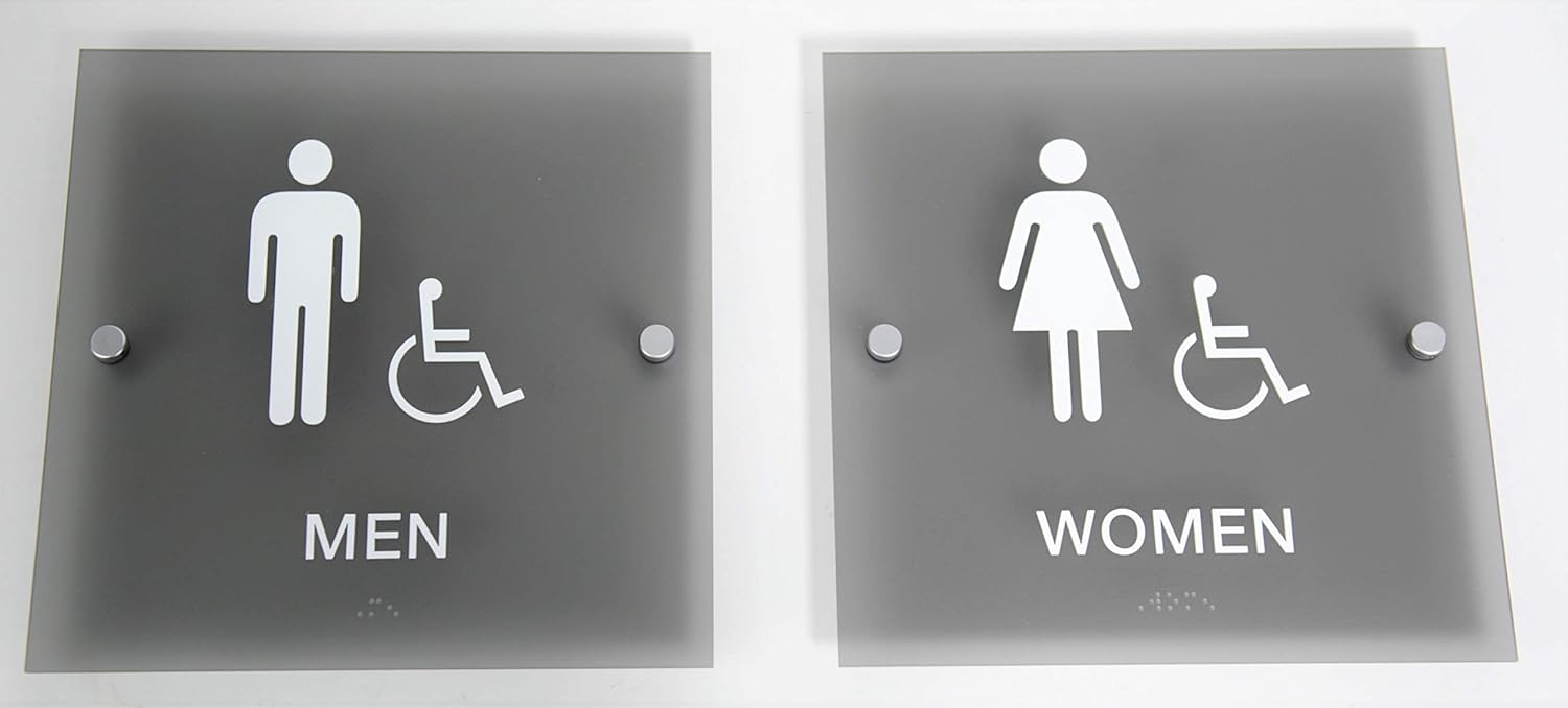 Designer ADA Men Women Restroom Sign Set with Braille and Stand Off Mounts, 9" Square Smoke Grey