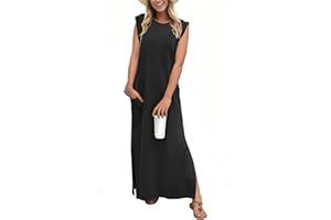 GRECERELLE Womens Summer Dresses Round Neck Sleeveless Maxi Dress Casual Loose Split Long Beach Sundress with Pockets