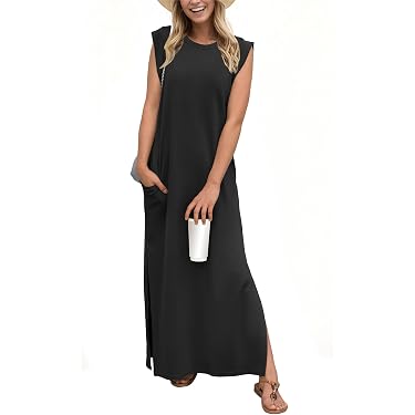 Robe Longue Femme été Fluide Et Ample - T-shirt Dress Confortable Avec Poches, Couleur Unie Et Chic !
