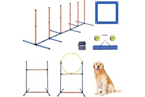 PLKO Dog Agility Equipment Set, Training Starter Kit Dog Obstacle Course,8 Weave Poles, Adjustable Hurdle, Jump Ring, Pause Box and Carrying Bag(Style C)