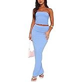 Two Piece Skirt Outfits for Women Sleeveless Tube Tops Bodycon Sexy Maxi Dress 2 Piece Summer Y2K Vacation Set