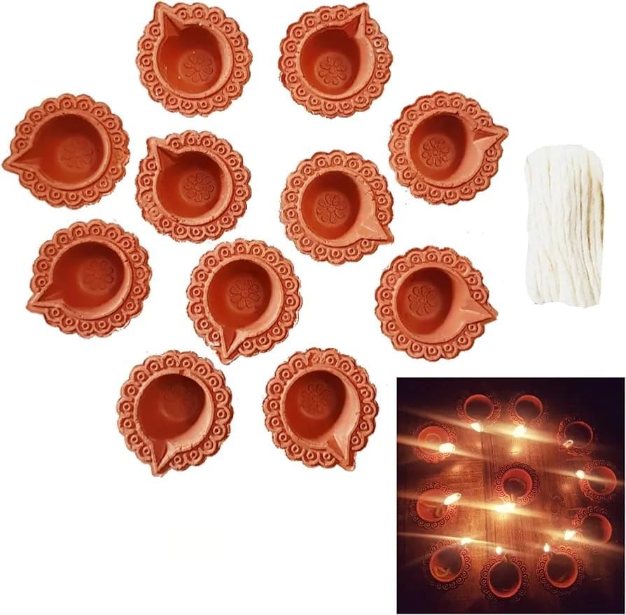 Oil Lamps & Accessories - DECORATIVE BUCKETS: Diyas | Diwali diyas | Diwali |11 EARTHEN Clay Diya with Cotton BATTI Wicks|Indian Traditional Handcrafted Mini oillamps |Diwali Lights | Terracotta diyas | Diwali Gifts