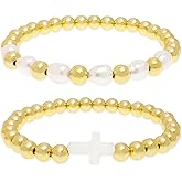 Tyebiva Cross Gold Beaded Stack Bracelets Set for Women, 2Pcs Dainty Handmade Pearl Beads Stackable Stretch Bracelet Everyday Fashion Jewelry Gift.