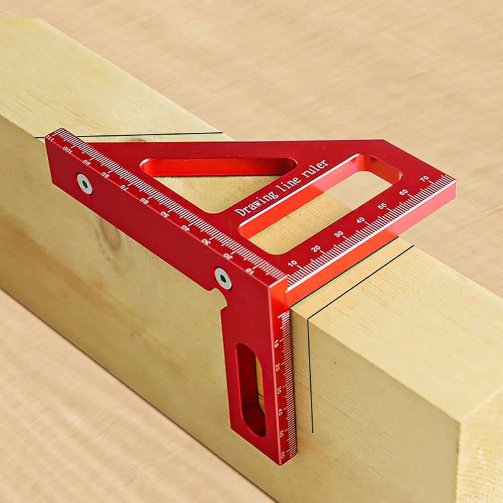 HEKOBAG 3D Multi Angle Measuring Ruler, 45/90 Degree Aluminum Alloy Woodworking Square Protractor, Miter Triangle Ruler High Precision Layout Measuring Tool Layout Scriber for Engineer (Red)
