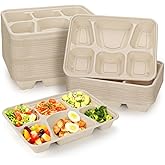 50 Pack 6 Compartment Disposable Paper Plates, Compostable Bagasse School Lunch Tray, Biodegradable Sugarcane Food Sectional Plates, Heavy-Duty Divided Platter Tray for Buffet Party, Microwave Safe