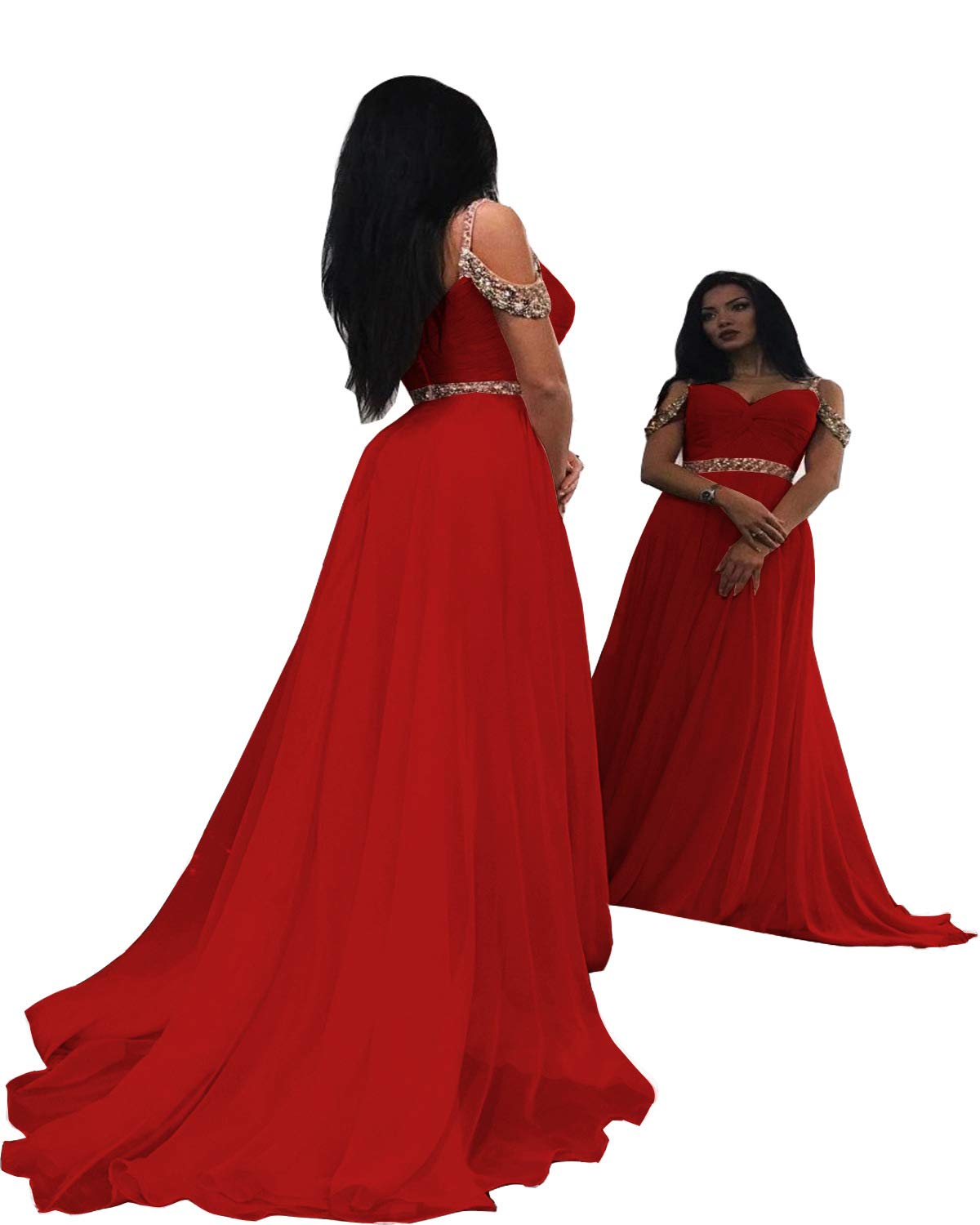 EverBeauty Womens Off Shoulder Beaded Prom Dress Long Chiffon Aline Evening Bridesmaid Dress