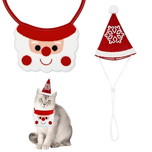Christmas Cat Santa Hat and Scarf, Cat Christmas Outfit, Bandana Hat Set, Adjustable Saliva Towels Xmas Pet Santa Costume for Puppy Dog Kitten Xmas Dress Up A9CWWDMZ (M)