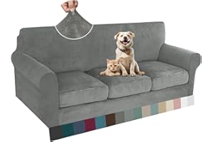 ZNSAYOTX Luxury Velvet Couch Cover 4 Piece (72"-92") Stretch Sofa Covers for 3 Cushion Couch Thick Soft Sofa Slipcover with Non Slip Strap, Dog Pet Friendly Nice Furniture Protector (Grey)