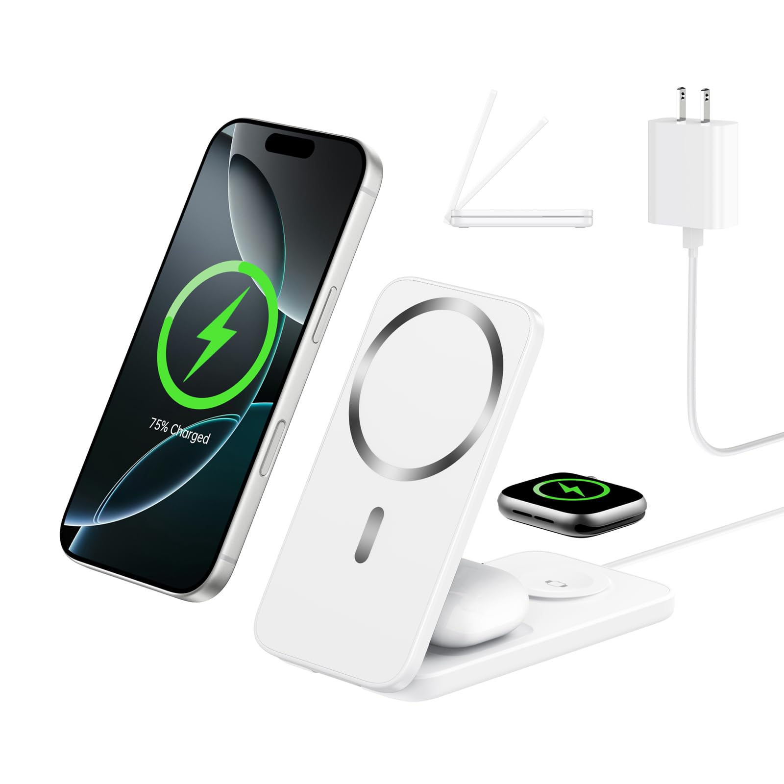 XNYAND Compatible MagSafe 3 in 1 Wireless Charging Station for Apple, Magnetic Foldable Charger Stand for iPhone 17/16/15/14/13/12 Pro Max, Apple Watch Ultra/Series & AirPods Pro Fast Charging Dock