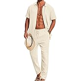 LecGee Mens 2 Piece Outfits Textured Short Sleeve Button Down Shirts and Matching Loose Pants Beach Party Suits