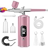 Airbrush Kit with Air Compressor, Cordless Rechargeable with 0.3mm Nozzle and Cleaning Brush,3 High-Pressure Modes Handheld Spray Machine for Painting, Cake Decor, Pastry, Makeup, Nail Art (Pink）