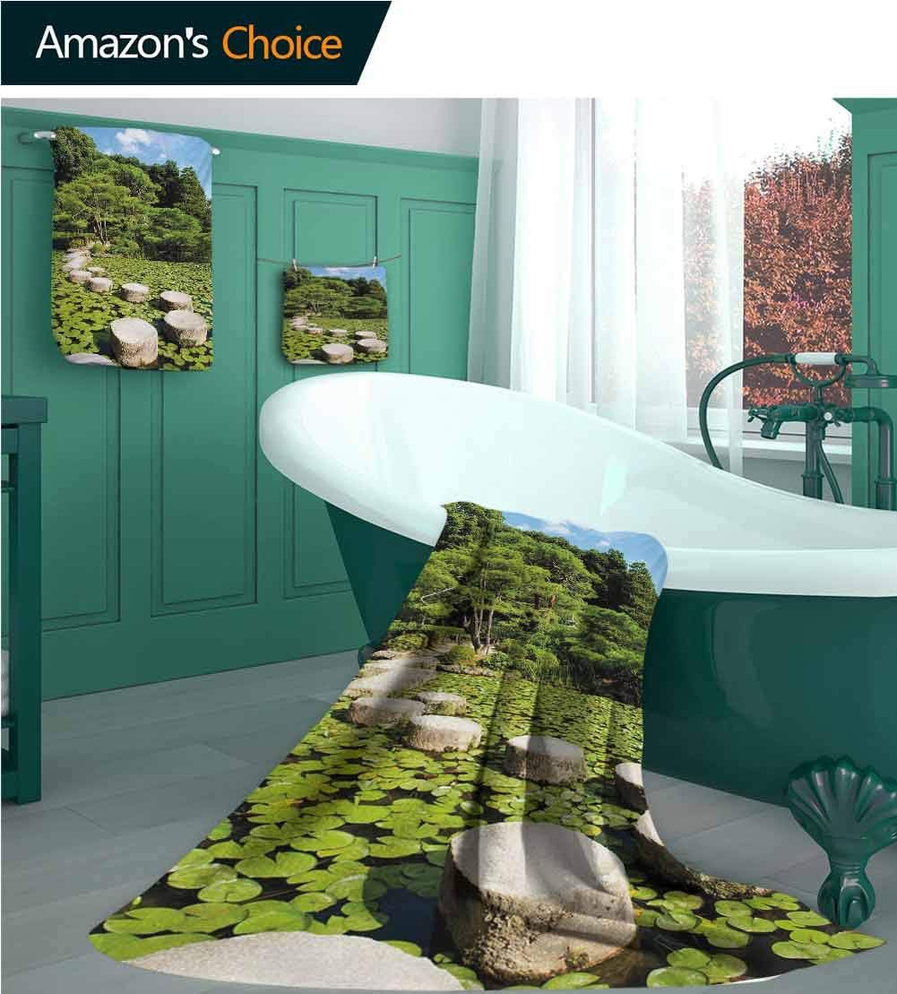 Zen 100% Cotton 3-Piece Towel Set, Stone Path in Japanese Garden Lake with Lotus Leaves Meditation Nature Scenery, Sand Free Towel for Beach, Travel, Swim, Pool, Camping Lime Green Sky Blue