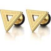 Stainless Steel Mens Triangle Stud Earrings with Pattern, Screw Back 2pcs