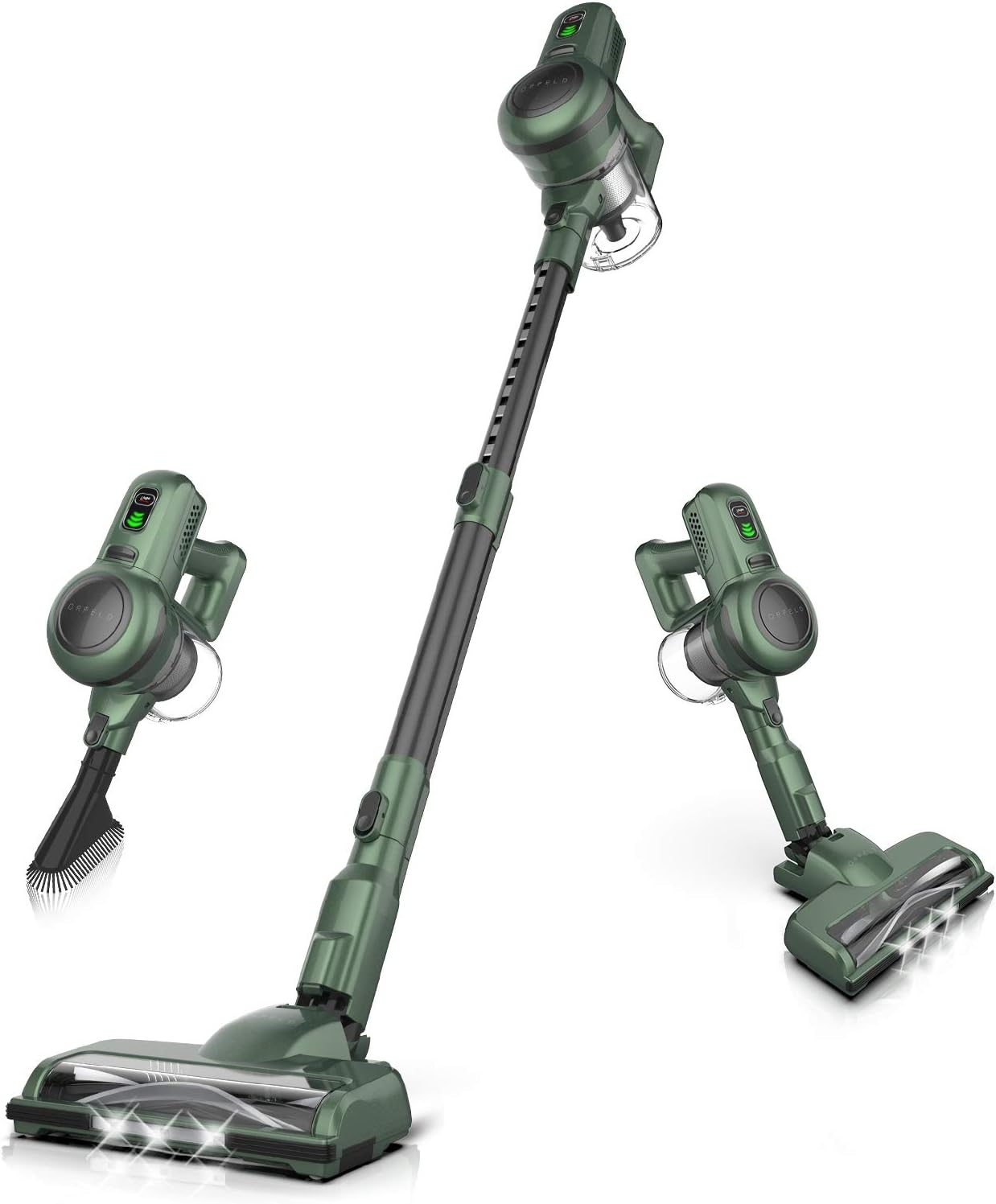 Orfeld Akku Staubsauger, Staubsauger kabellos 4 in 1, Handstaubsauger mit Teleskopstange, Starke Saugkraft, LED-Elektrobürste für Teppichbodenm Holzböden Tierhaare