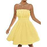 Milumia Women's Tie Front Frill Trim Summer Beach Dress Strapless Shirred Flared Short Dresses