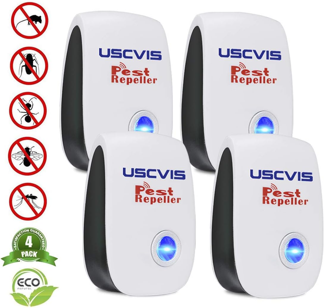 Ultrasonic Pest Repeller Plug in 4 Pack, USCVIS Mouse Pest Controller Ultrasonic Insect Repellent for Ants, Flies, Moths, Spiders, Ladybugs, Cockroach, Mice, Fleas, Rodents, Mosquitos