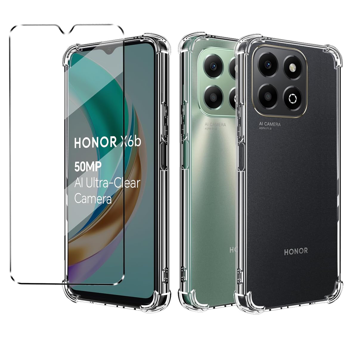 HuiYouMY 2-in-1 Case Compatible with Honor X6B Cover with 1 Pack Tempered Glass Screen Protector for Honor X6B, Slim Fit Soft TPU Shockproof Anti-Scratch Phone Case - Clear