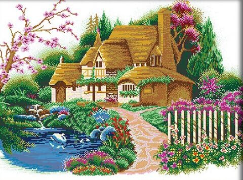 Qihu's 5d Crystal Diamond Painting DIY Counted Paint By Number Kits, Beautiful Countryside Village Cabin Thatched Roof Cottage Straw Grass House Picture