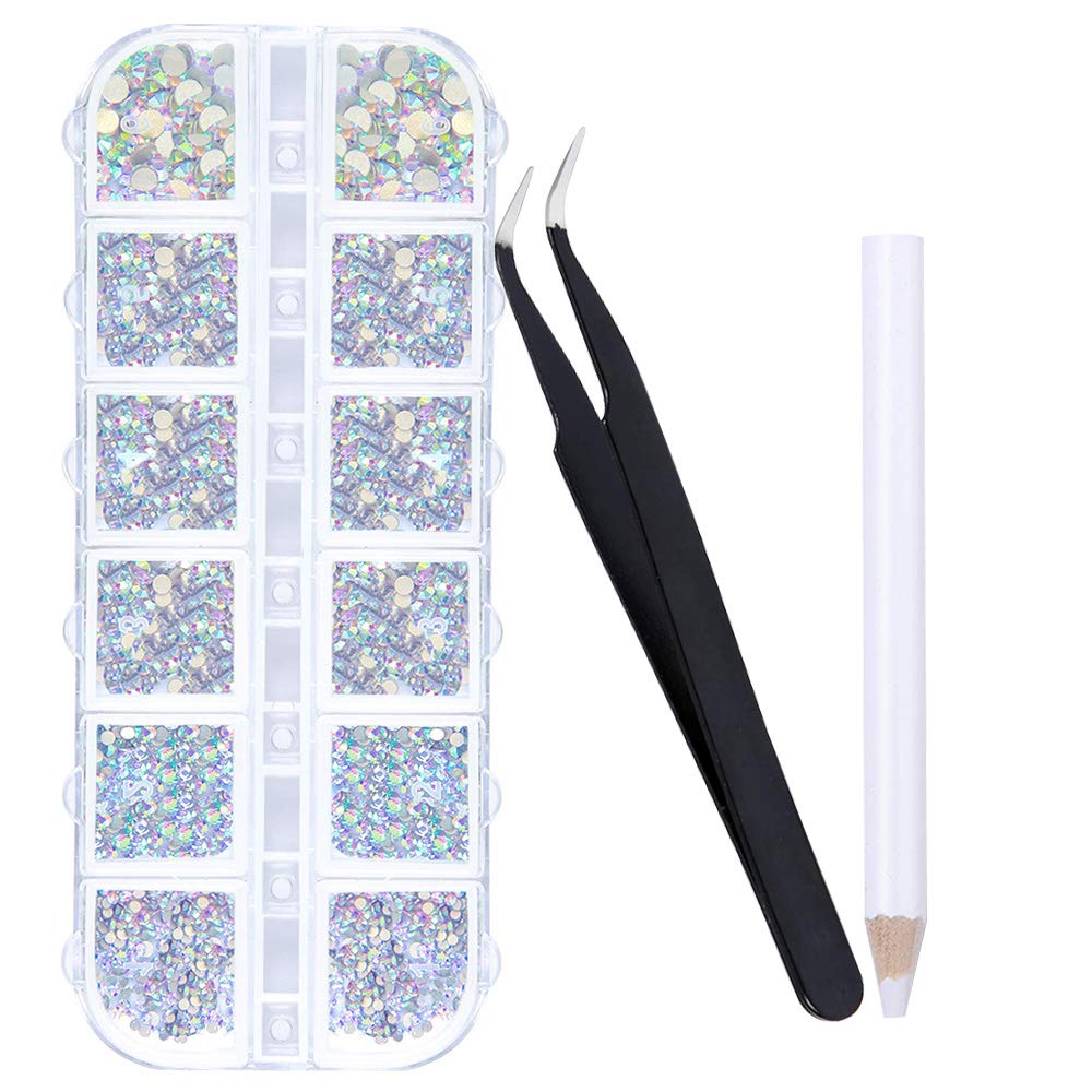 1600 Pcs Rhinestones for Nails - 6 Sizes Nail Gems, Nail Art Flat Back AB Rhinestone Gems Nail Decoration Jewels Crystals for Nail/Face/Crafts, with Pick up Tweezer and Rhinestone Picker Dotting Pen