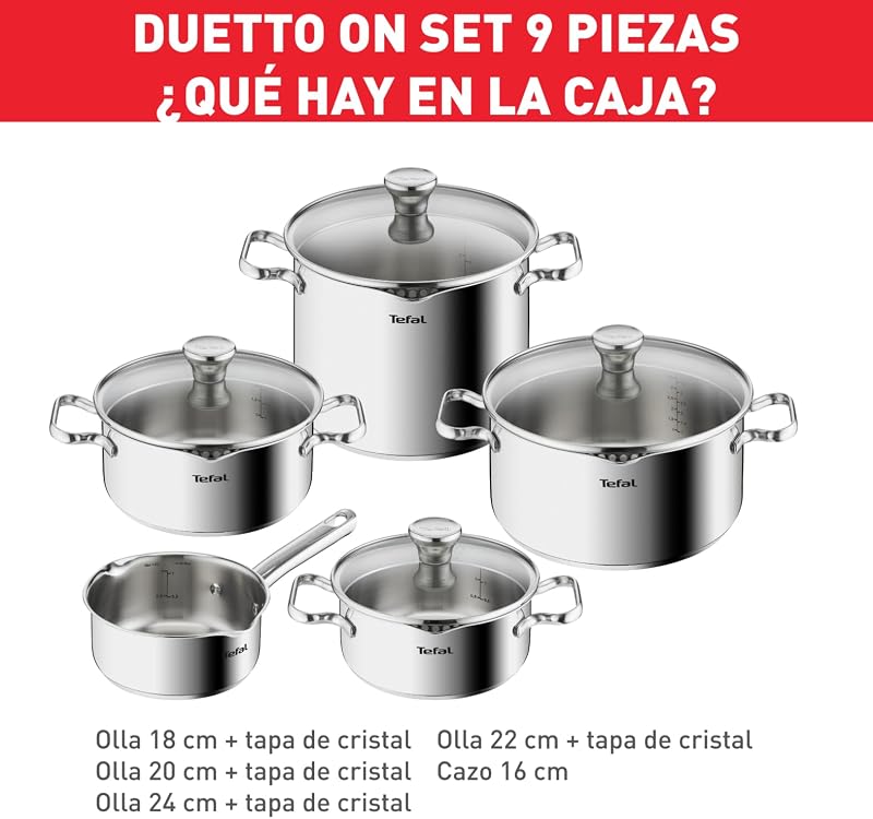 Tefal A705S9 Duetto Conjunto de 9 Peças | adequado para indução | Aço inoxidável robusto e de alta qualidade | Amigo do Ambiente | Capa do filtro | cofre para forno até 260 °C