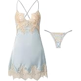 Lilosy Sexy Silk Lace Up Backless Satin Applique Floral Lace Babydoll Lingerie Dress with Tong 2 Piece
