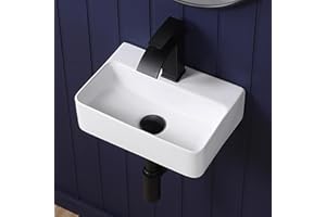 KMOEM Small Wall Mount Bathroom Vessel Sink 14"x10" Rectangular Floating White Porcelain Ceramic Wall Hung Vanity Basin Sink for Tiny Home,RV,Bathroom