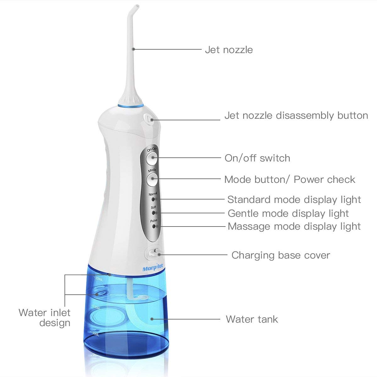 Munddusche Elektrisch Morpilot Zahnreiniger Kabellos mit 3 Modi Oral Irrigator Wiederaufladbare IPX7 Wasserdicht 200ML Wassertank 3 Düsen