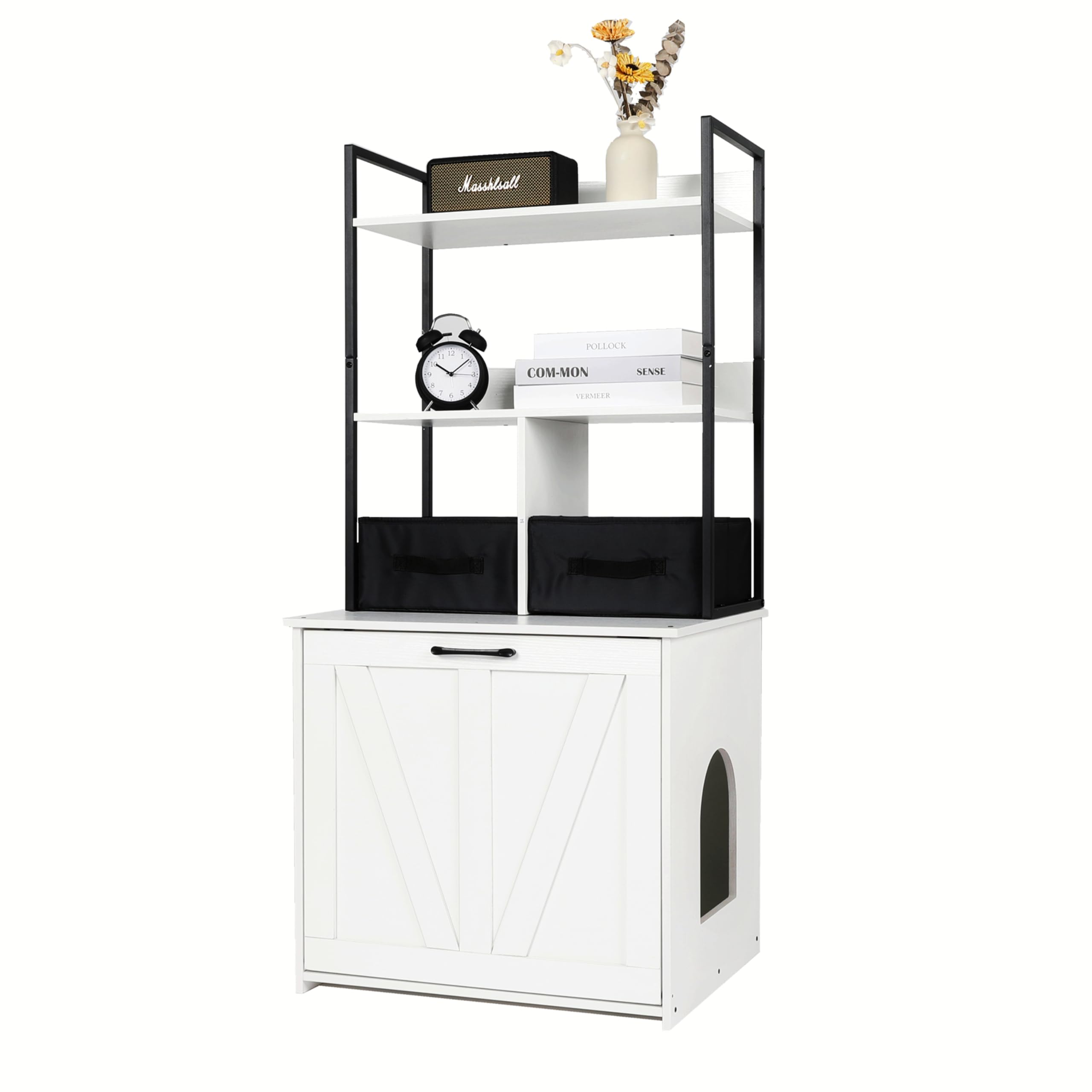 Photo 1 of **Missing parts
DWANTON Litter Box Enclosure with 2 Storage Shelves and 2 Drawers, 2-in-1 Hidden Cat Litter Box Enclosure Furniture with Shelf, Reversible Entrance, Washable Drawers, 50-Inch, White