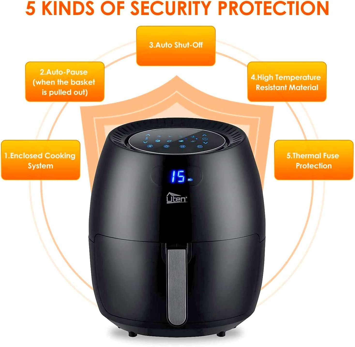 Freidora de aire 6.9QT/6.5L, Uten 1700W Modo de freír 8 en 1 de alta potencia, calentamiento rápido, horno antiadherente, cocción sin aceite, calentamiento rápido/control de tiempo, pantalla táctil digital LED, negro