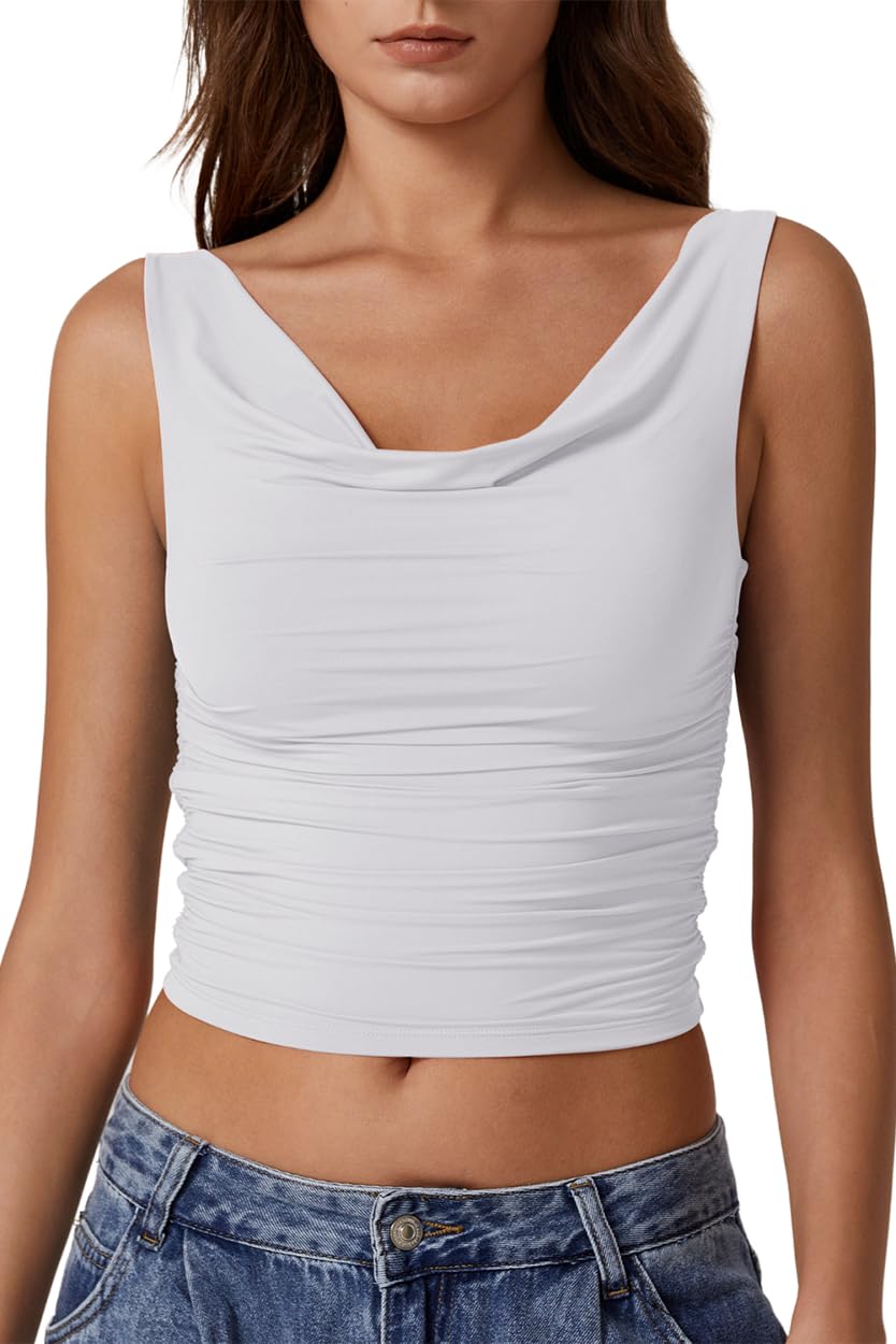 Photo 1 of QINSEN Women's Tank Tops Sexy Sleeveless Crop Tops Double Layer Summer Basic T Shirts White XS