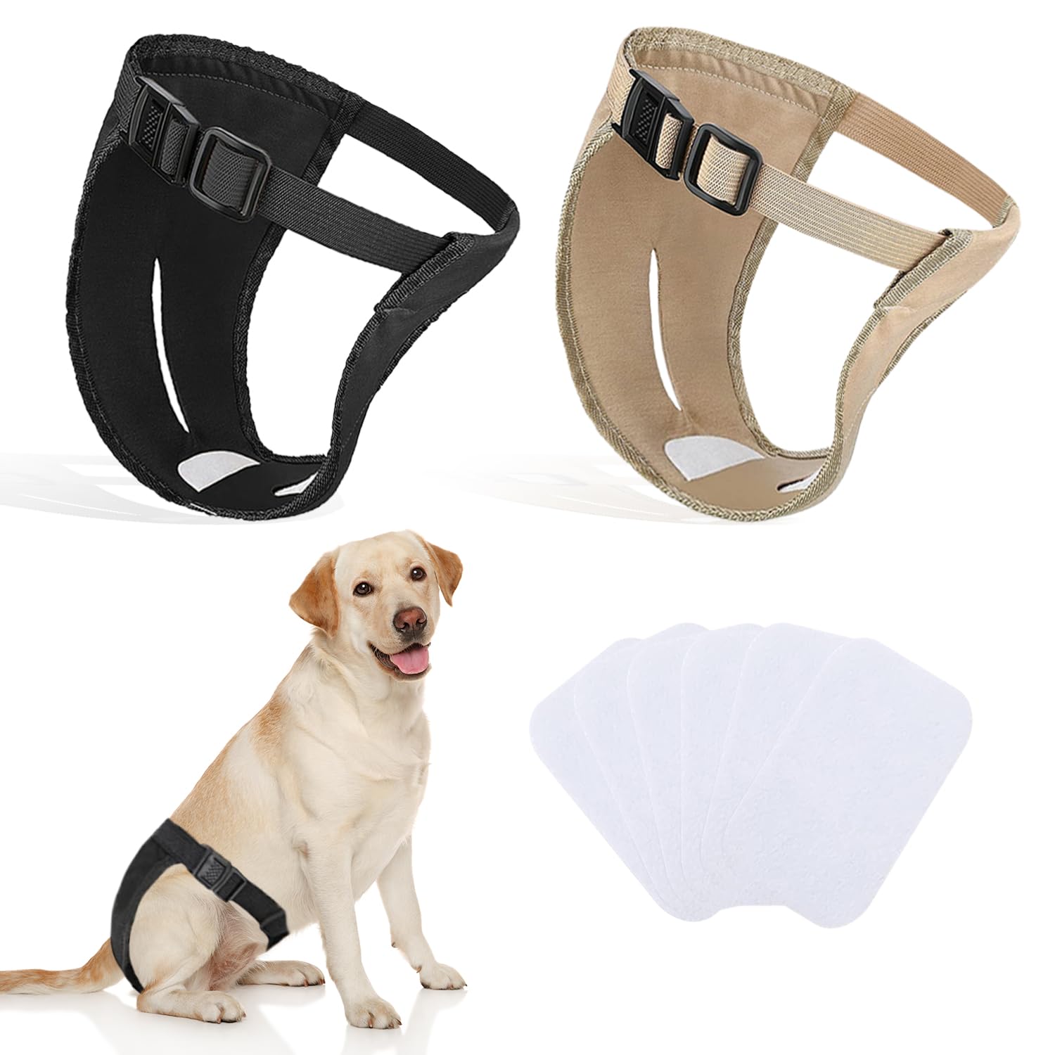 INSPUTOL 2 Pack Dog Pants, Dog Nappies with 6 Sanitary Pad Adjustable Protective Trousers for Female Dogs in Heat Monthly Bleeding Reusable Washable Doggy Sanitary Hygiene Pants(L-black&camel)