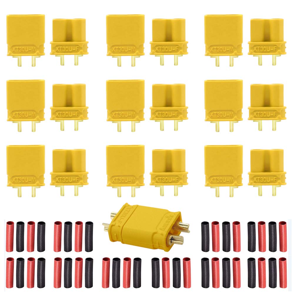 10 Pairs Amass XT30U(XT30 Upgrade) Male Female Bullet Connectors Power Plugs Adapters with 20 Pairs Heat Shrink Tube for RC Lipo Battery ESC Electric self-Balancing Scooters