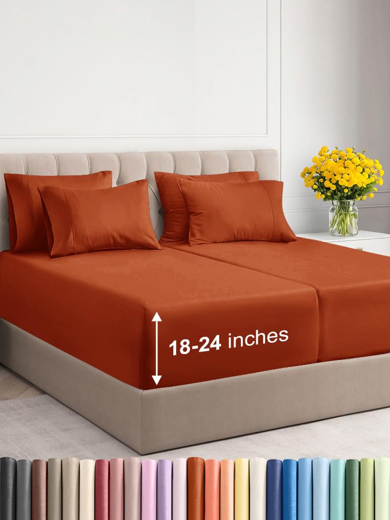 Photo 1 of Extra Deep Split King Sheet Set - 7 Piece Breathable & Cooling Sheets - Hotel Luxury Bed Sheets Set - Easy Fit - Soft, Wrinkle Free & Comfy Sheets Set - Terracotta Sheet Set with Extra Deep Pockets