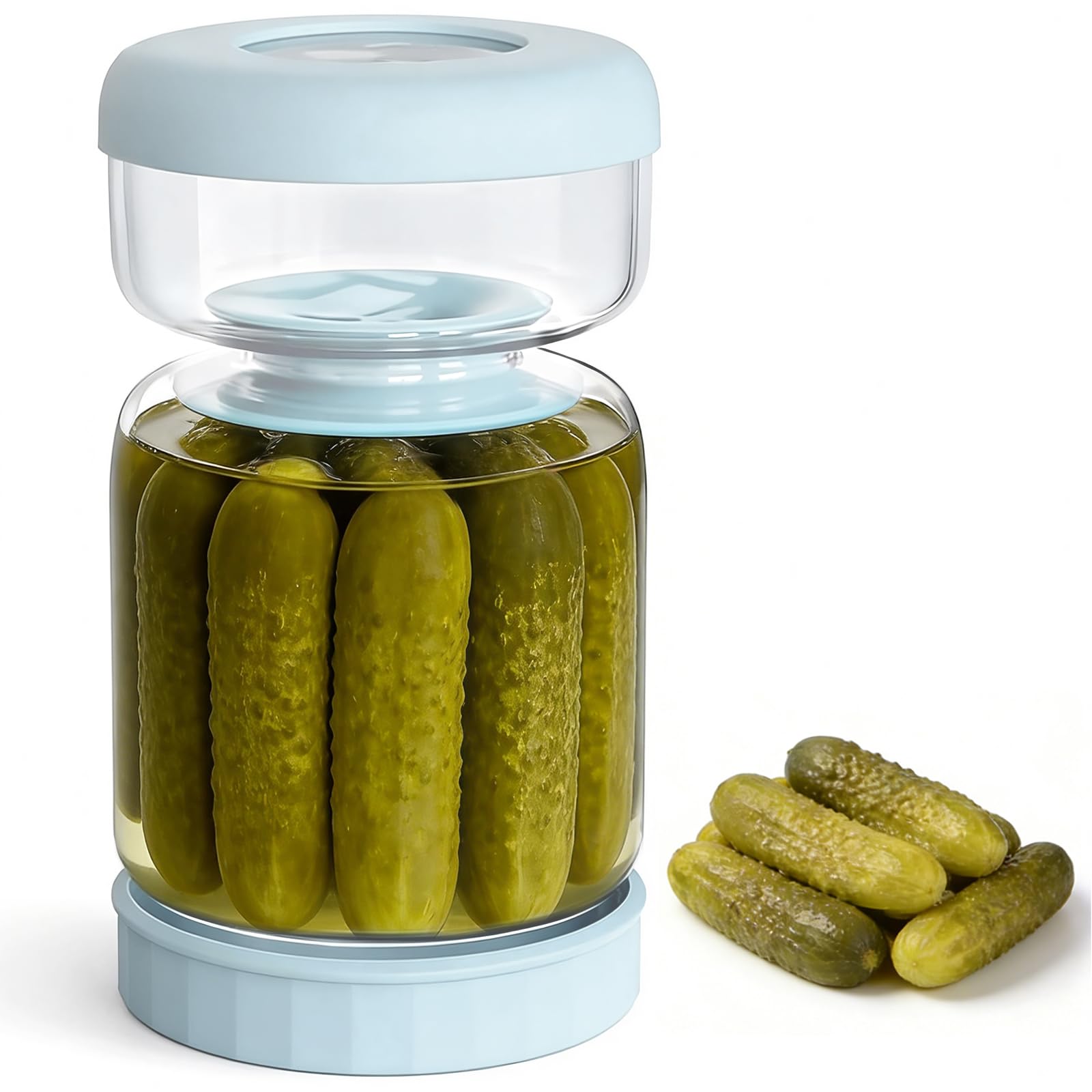 Luvan Glass Pickle Jar with Strainer Flip, Pickle Container with Lid,Olives Hourglass Jar,Pickles Juice Separator jar for Cucumber,Olives（1000ml/Blue）