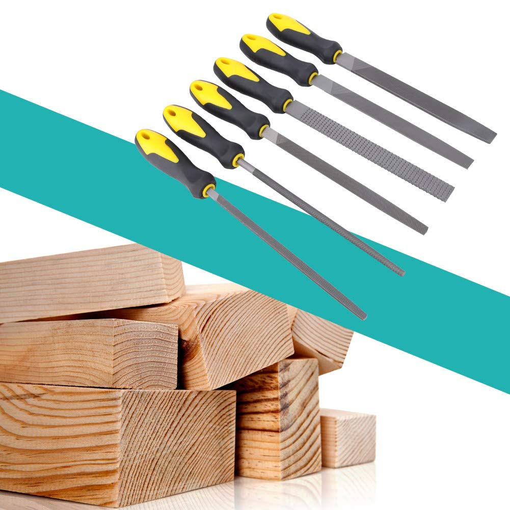 6 Pack 8 Inch Wood Files and Rasps, High Carbon Steel Wood Craft Polish Cut Hand File Including Flat Triangular Half-Round Square File, DIY Polish Grind Files for Wood Metal Leather Glass