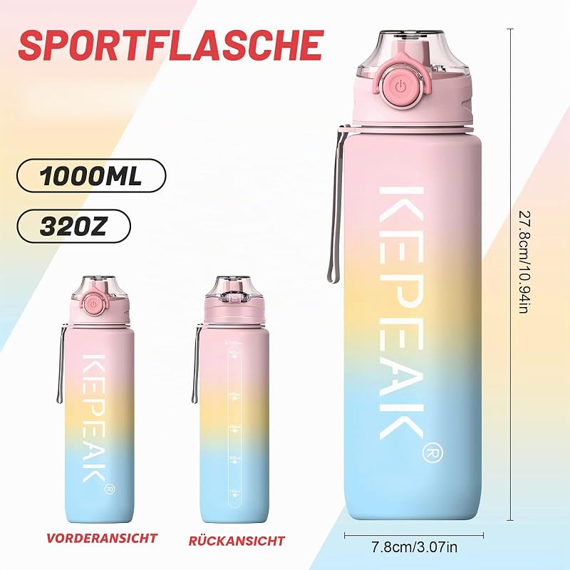 Trinkflasche, Trinkflasche 1L Auslaufsicher mit Strohhalm oder Sieb, BPA-Frei, Wasserflasche für Uni, Kindergarten, Sport, Fitness, Fahrrad, Outdoor, Leicht, Bruchsicher, Nachhaltig
